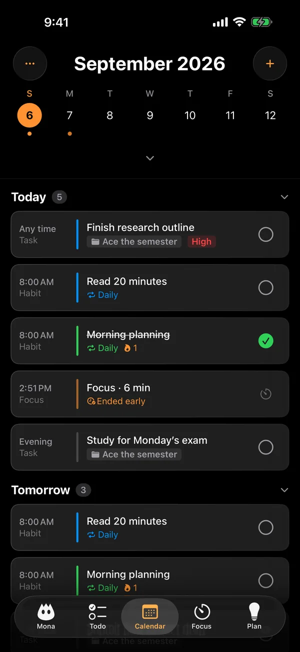 Mona's calendar showing events, habits, and tasks for today